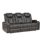Canapé Mia 83 pouces, deux places relax électriques, similicuir gris, ports USB, table rabattable