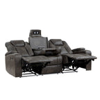 Canapé Mia 83 pouces, deux places relax électriques, similicuir gris, ports USB, table rabattable