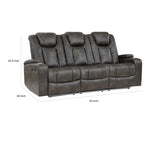 Canapé Mia 83 pouces, deux places relax électriques, similicuir gris, ports USB, table rabattable