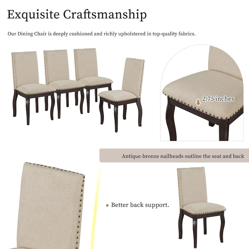Set of 4 Wood Upholstered Dining Chairs with Nailhead Trim