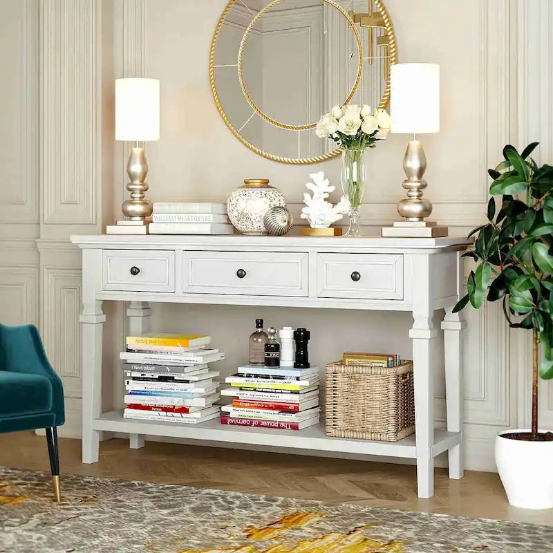 50L Classic Retro Style Console Table with Three Top Drawers and Open Style Bottom Shelf (Gray Wash)