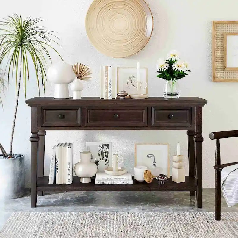 50L Classic Retro Style Console Table with Three Top Drawers and Open Style Bottom Shelf (Gray Wash)