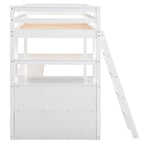 White Modern Pine Wood Loft Bed with Desk, Shelves, and Two Built-in Drawers
