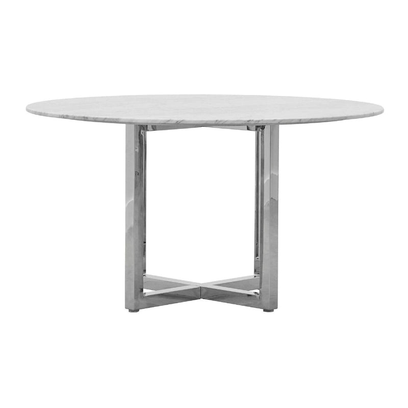 Eun 48 Inch Round Dining Table with Marble Top, Cross Base, Chrome