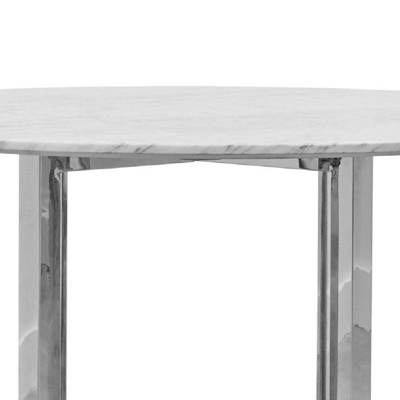 48 Inch Round Dining Table with Marble Top, Cross Base, Chrome