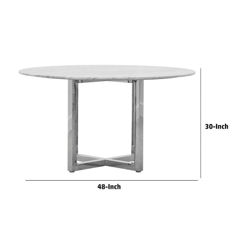 48 Inch Round Dining Table with Marble Top, Cross Base, Chrome