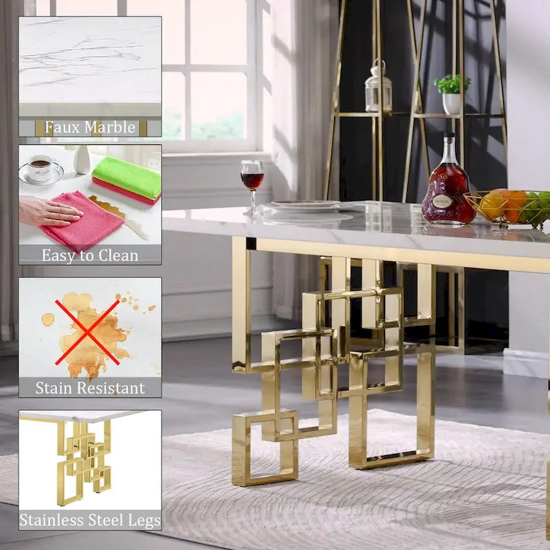 Luxury White Faux Marble Dining Table with 78 inch Top and Metal Base