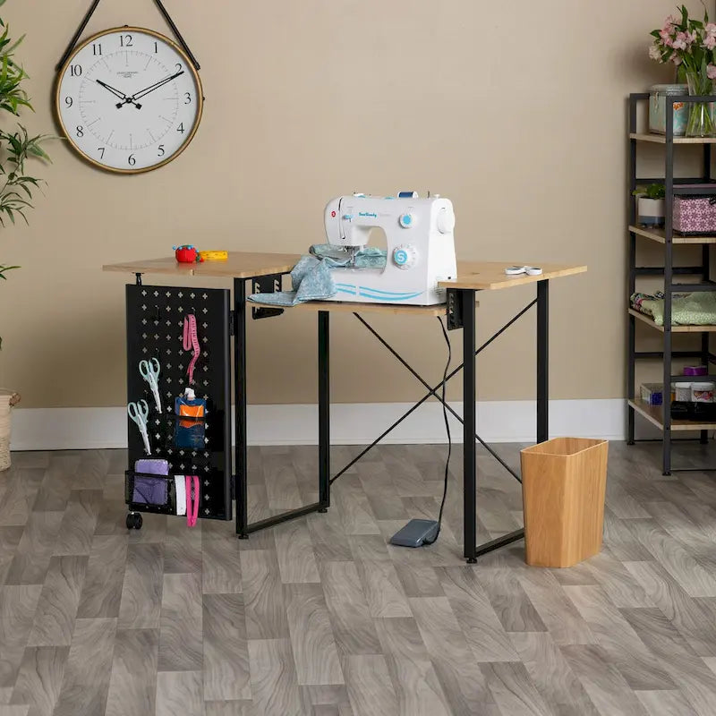 Pivot Sewing Table with Storage Panel and Adjustable Platform