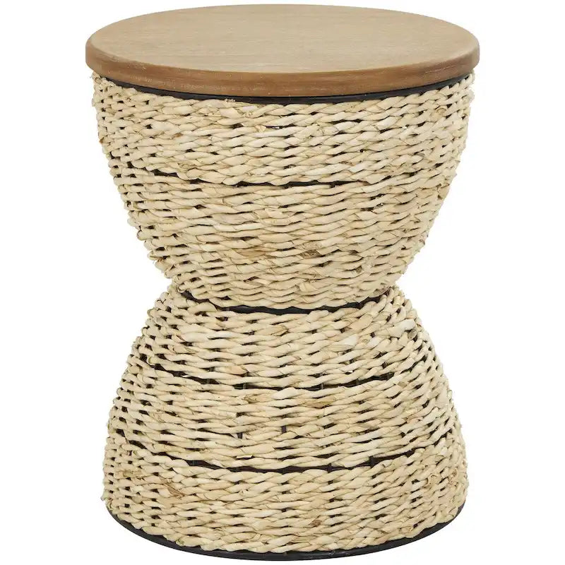 Rattan Handmade Woven Side End Accent Table with Wood Tabletop and Black Frame - Light Brown or Brown - Roche River Decor