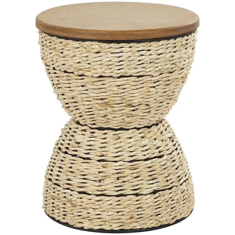Rattan Handmade Woven Side End Accent Table with Wood Tabletop and Black Frame - Light Brown or Brown - Roche River Decor
