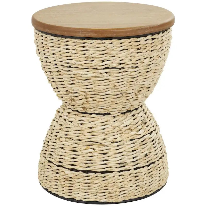 Rattan Handmade Woven Side End Accent Table with Wood Tabletop and Black Frame - Light Brown or Brown - Roche River Decor