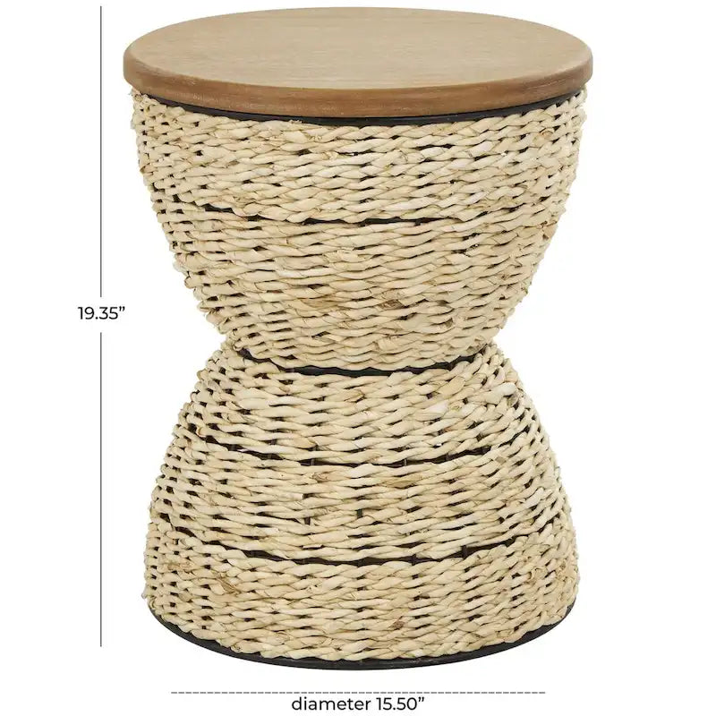Rattan Handmade Woven Side End Accent Table with Wood Tabletop and Black Frame - Light Brown or Brown - Roche River Decor