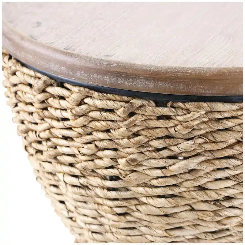 Rattan Handmade Woven Side End Accent Table with Wood Tabletop and Black Frame - Light Brown or Brown - Roche River Decor