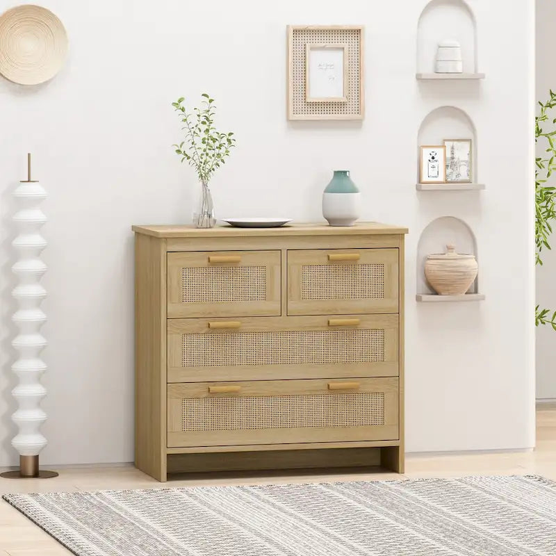 Roomfitters 4-Drawer Rattan Cabinet for Bedroom, Living Room, Dining Room, Hallways - Easy Assembly
