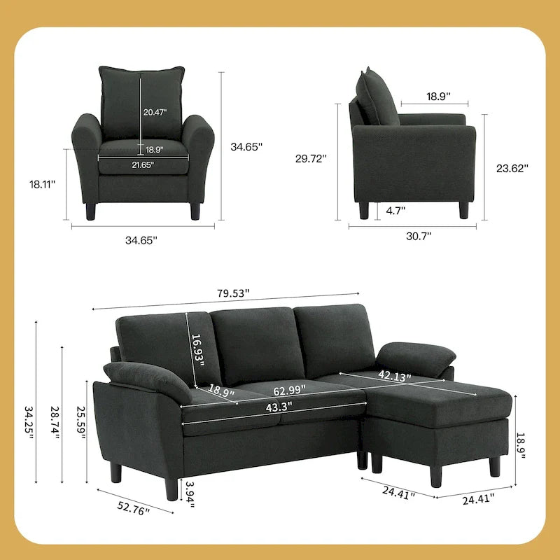 Canapé d'angle 3 places avec fauteuil et pouf pour salon