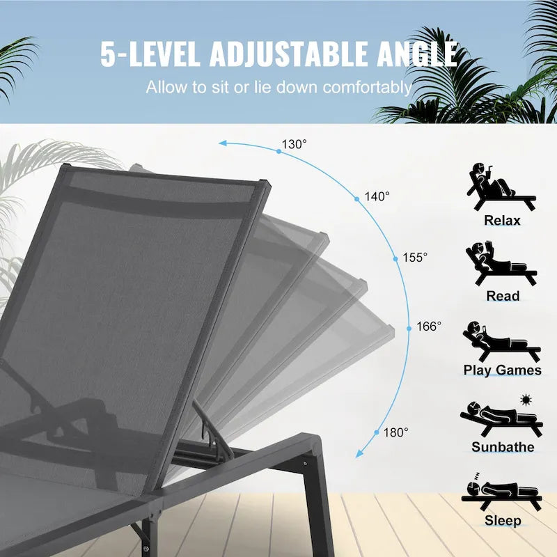 Chaise Lounge Chairs Outdoor, Aluminum Patio Lounge Chairs with Adjustable 5-Position, Folding Pool Lounge Chairs Recliner