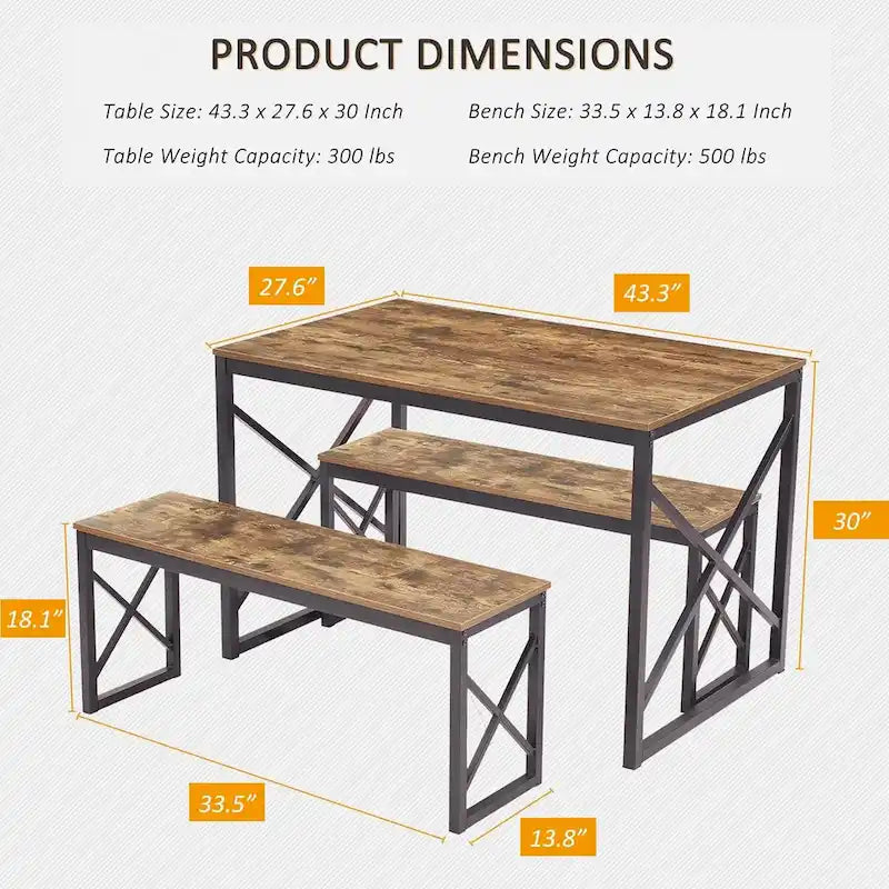 Table à manger 3 pièces VECELO avec banc, ensemble de table de salle à manger pour 4-6 personnes, table de cuisine avec 2 bancs, ensemble de table à manger
