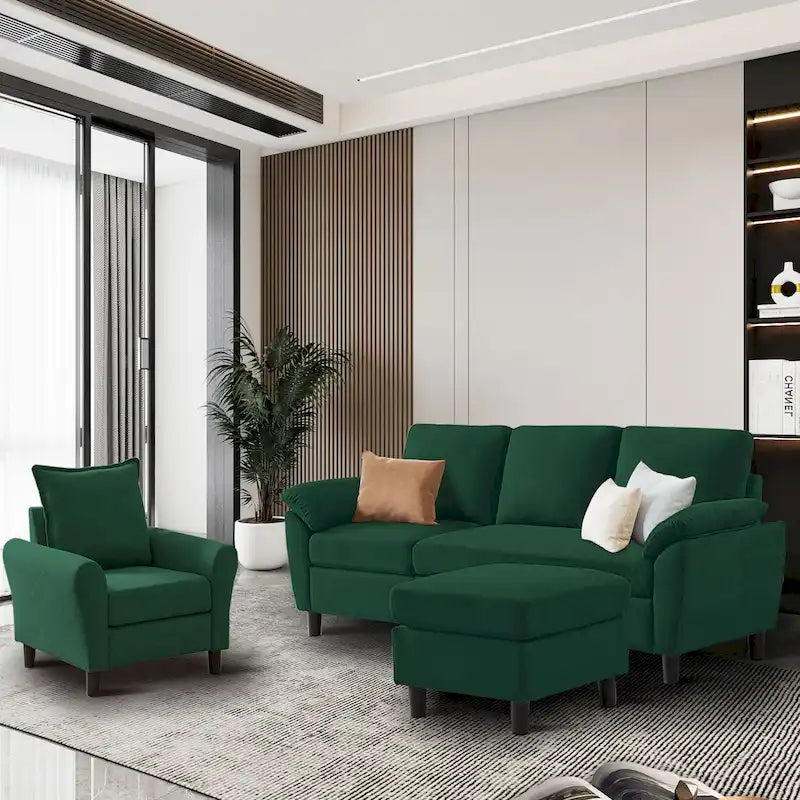 Canapé d'angle 3 places avec fauteuil et pouf pour salon