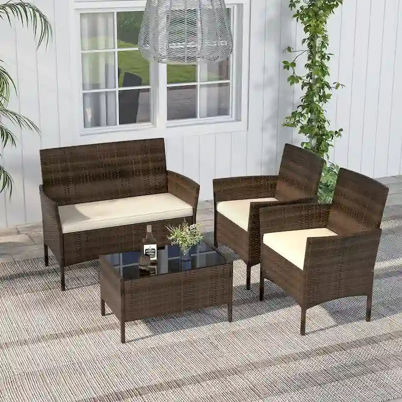 Costway Ensemble de Meubles de Jardin 4 Pièces avec Coussins Lavables et Verre Trempé - Voir les Détails