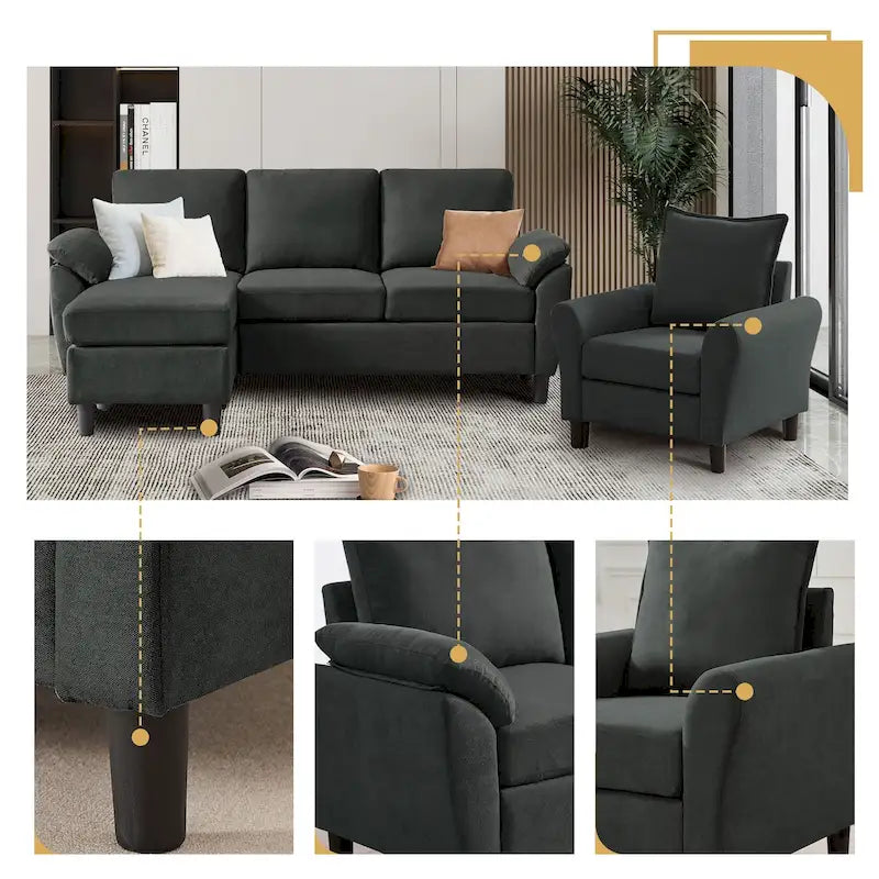 Canapé d'angle 3 places avec fauteuil et pouf pour salon