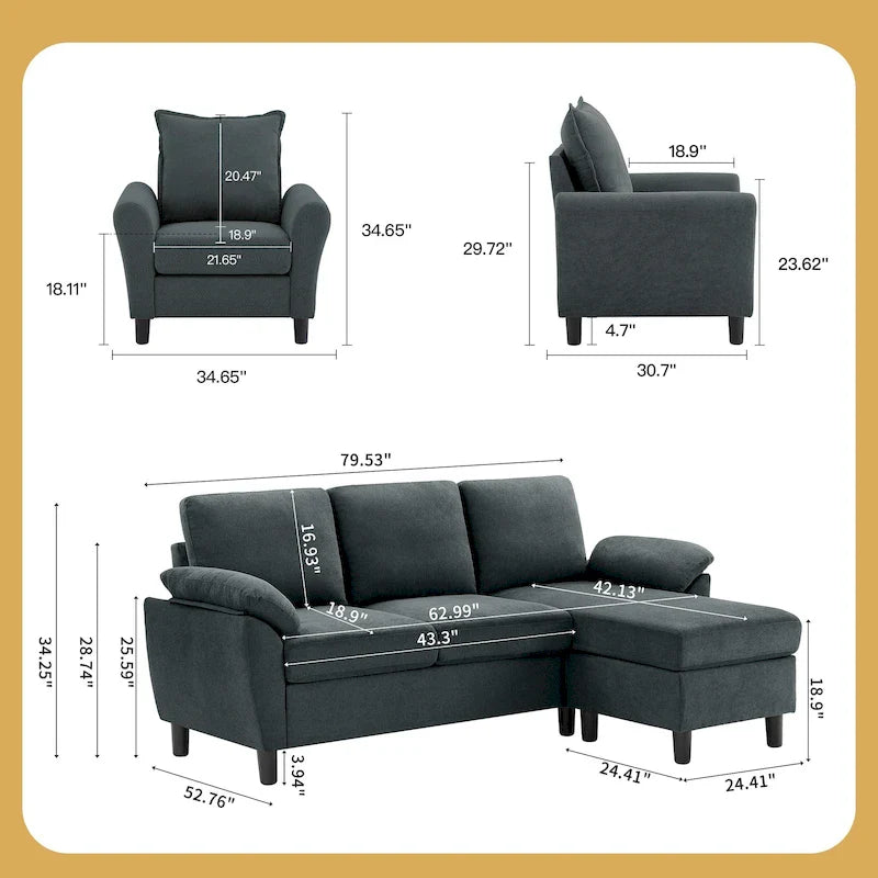 Canapé d'angle 3 places avec fauteuil et pouf pour salon