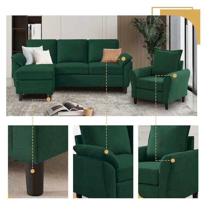 Canapé d'angle 3 places avec fauteuil et pouf pour salon
