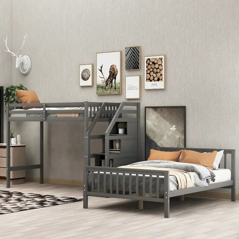 Twin Over Full Wood Loft Bed with Staircase,High Guardrails and Ladder