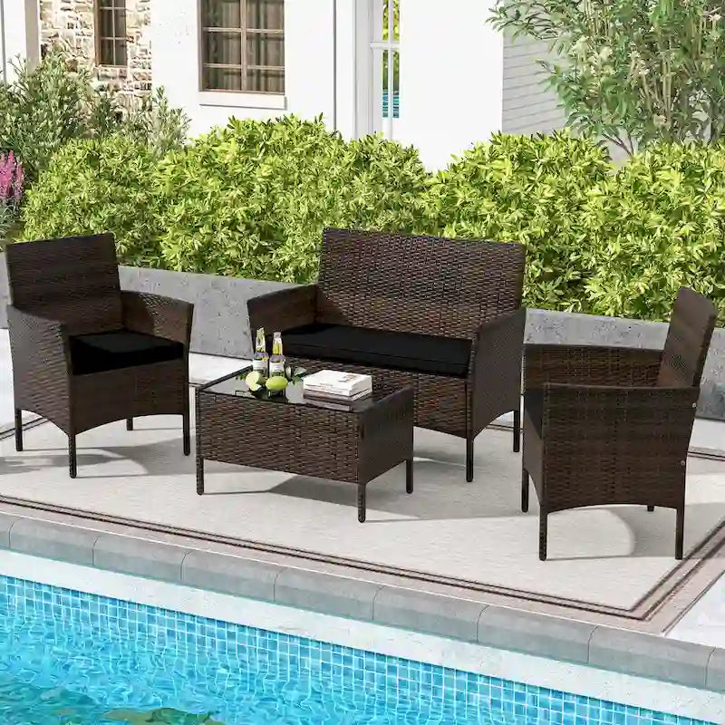 Costway Ensemble de Meubles de Jardin 4 Pièces avec Coussins Lavables et Verre Trempé - Voir les Détails