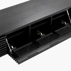 Minimalist TV Stand with DrawersSolid Wood Media Console with Cabinets, Flip-down Door, Walnut Veneer, Fully-Assembled