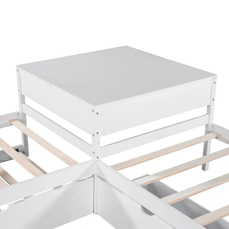 White Modern Twin Size L-shaped Platform Bed with Trundle and Drawers for Bedroom