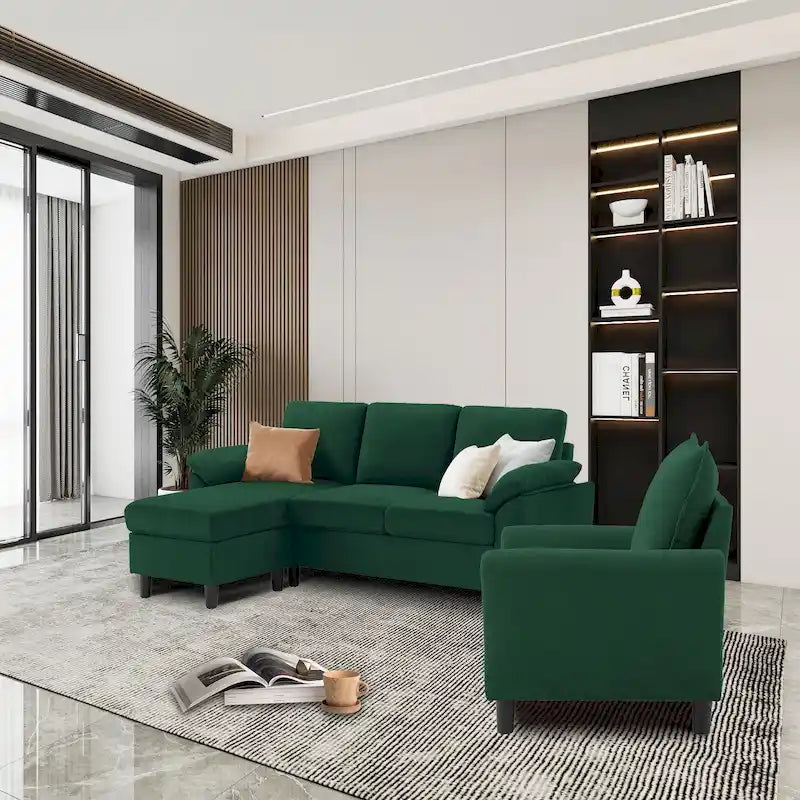 Canapé d'angle 3 places avec fauteuil et pouf pour salon