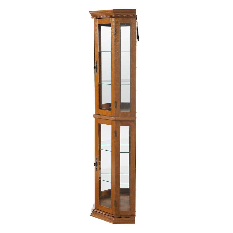 Vitrine d'angle avec éclairage, étagères réglables en verre trempé, fond miroir, meuble vitrine