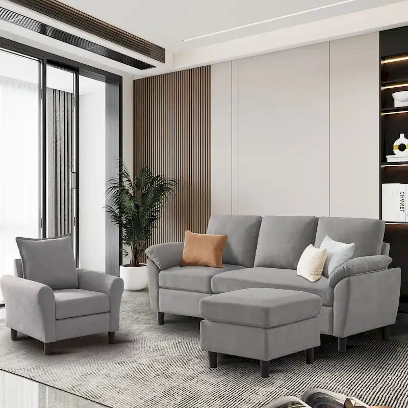 Canapé d'angle 3 places avec fauteuil et pouf pour salon