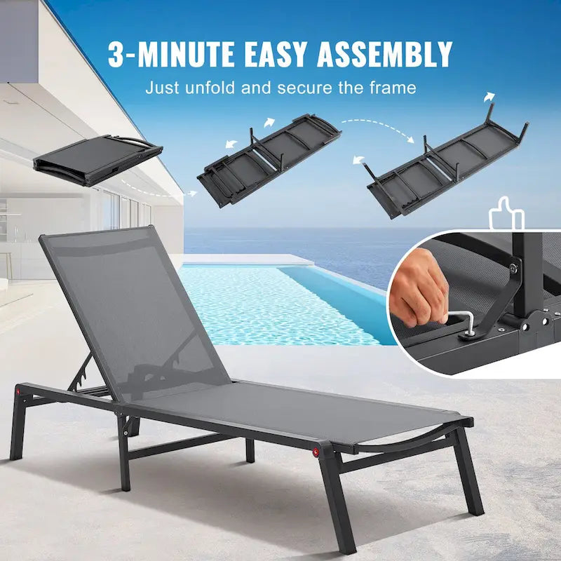 Chaise Lounge Chairs Outdoor, Aluminum Patio Lounge Chairs with Adjustable 5-Position, Folding Pool Lounge Chairs Recliner