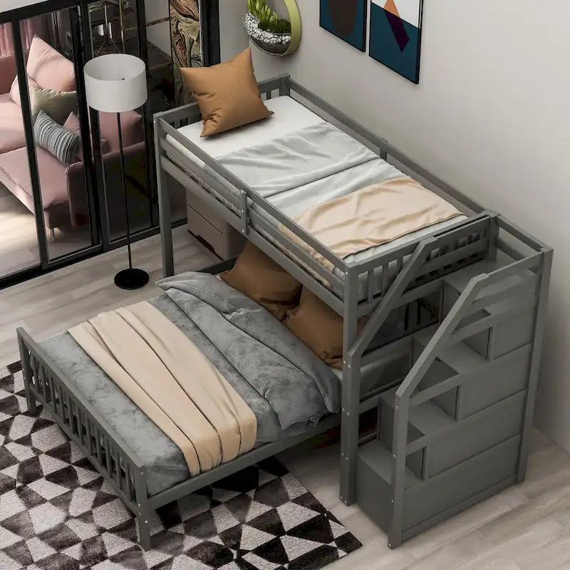 Twin Over Full Wood Loft Bed with Staircase,High Guardrails and Ladder