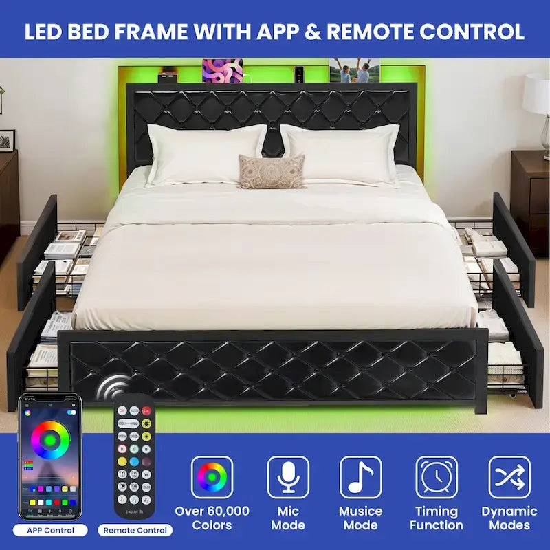 Moasis Lit Double en PU avec LED Cadre de Lit Capitonne Plateforme