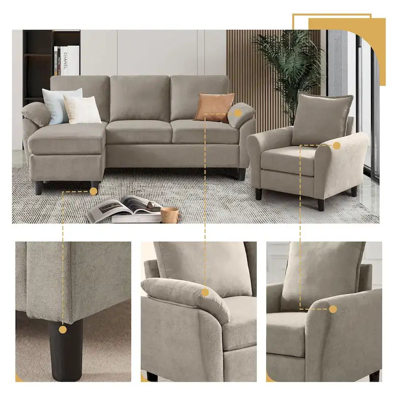 Canapé d'angle 3 places avec fauteuil et pouf pour salon