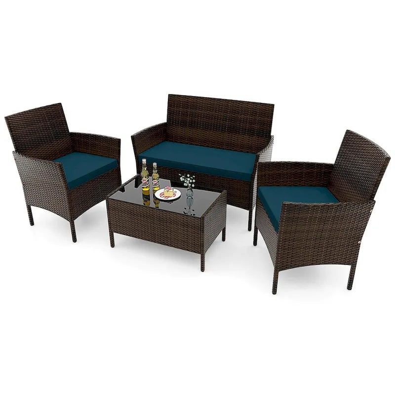 Costway Ensemble de Meubles de Jardin 4 Pièces avec Coussins Lavables et Verre Trempé - Voir les Détails
