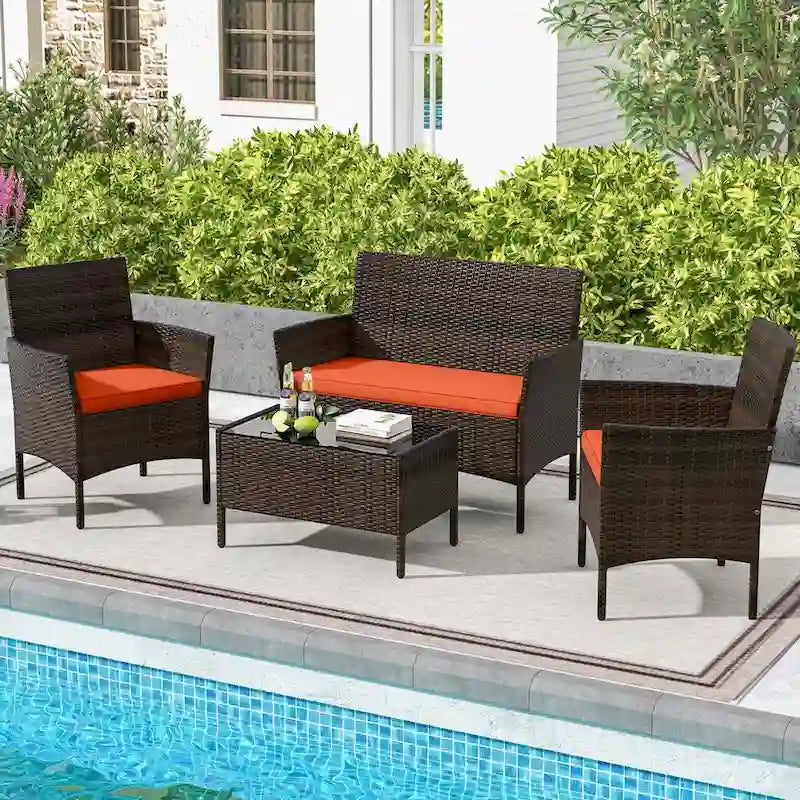 Costway Ensemble de Meubles de Jardin 4 Pièces avec Coussins Lavables et Verre Trempé - Voir les Détails