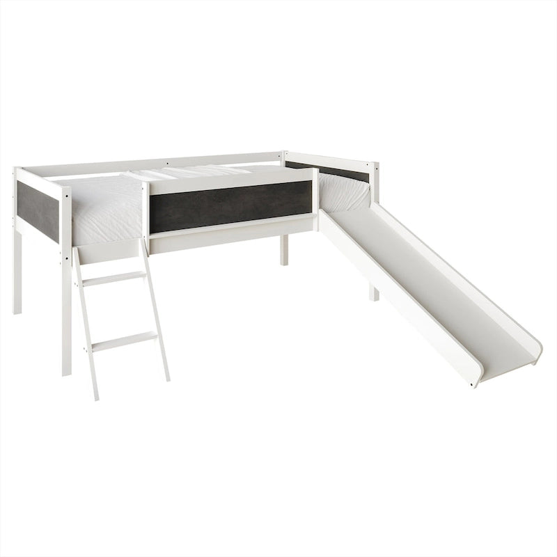 CraftPorch Classic Twin Low Loft Bed with Chalkboard, Slide and Ladder