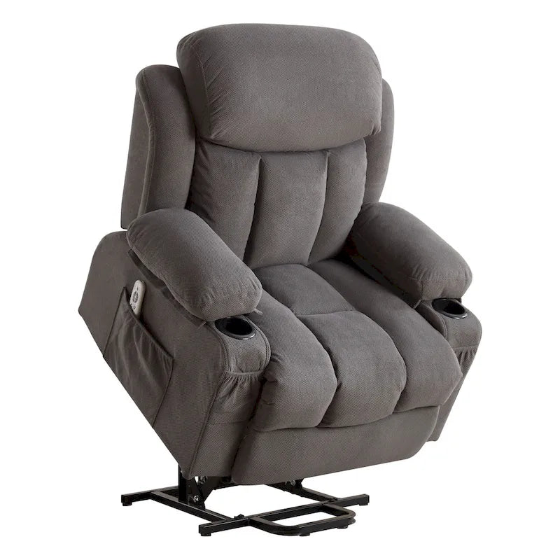 Grey Power Lift Recliner with Heated Massage, USB Charging, Remote Control, and Convenient Side Pockets for Seniors