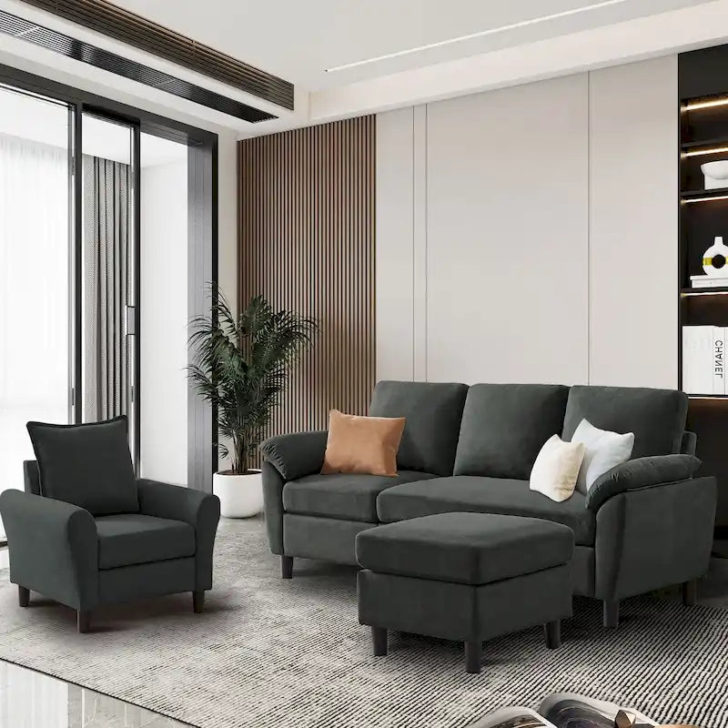 Canapé d'angle 3 places avec fauteuil et pouf pour salon