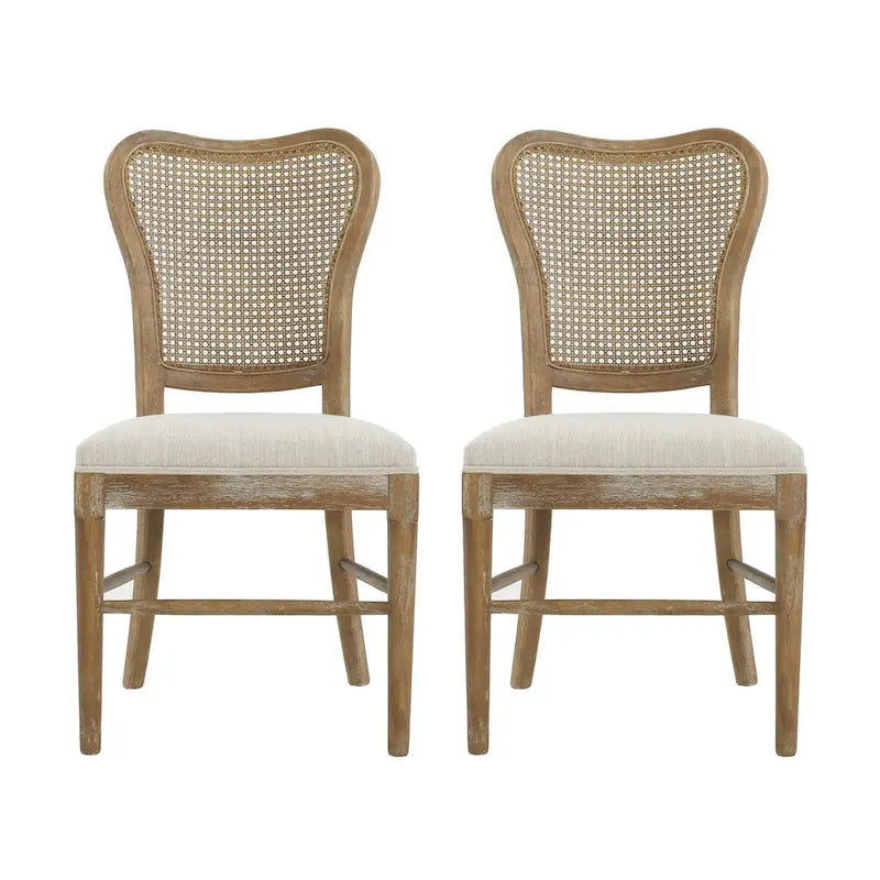 Farmhouse-style rubberwood dining chairs with rattan backrests (two chairs per set).