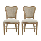 Farmhouse-style rubberwood dining chairs with rattan backrests (two chairs per set).