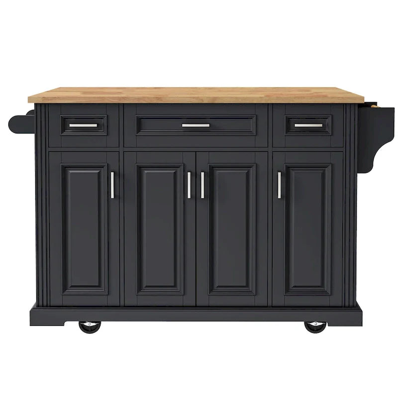 54 Grand îlot de cuisine avec plateau rabattable en bois d'hévéa, chariot de cuisine roulant à texture gaufrée sur 4 roues avec 4 portes et 3 tiroirs